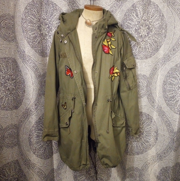 Steve Madden Green Military Parka Patches Coat Jacket Size Medium - Picture 1 of 14